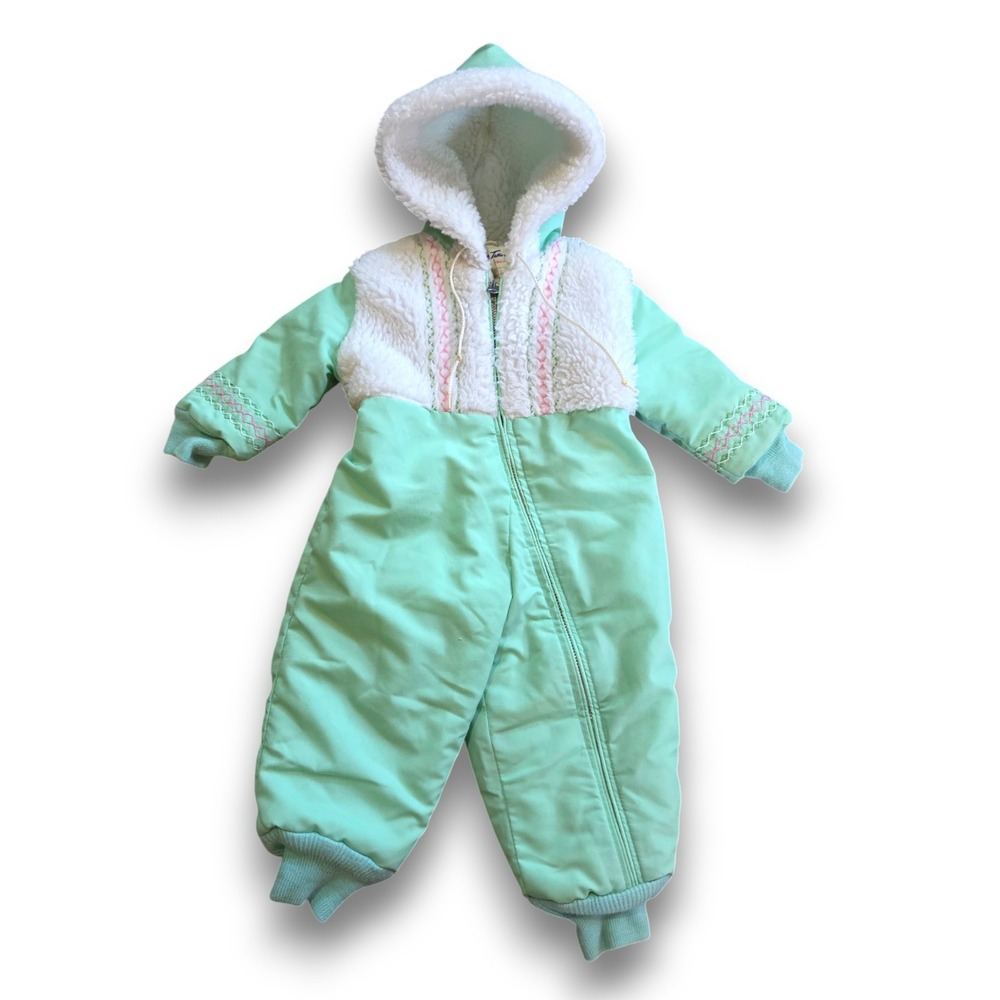 Vintage 80s Weather Tamer Snowsuit Baby Bunting Mint Green Sherpa Fleece 12m